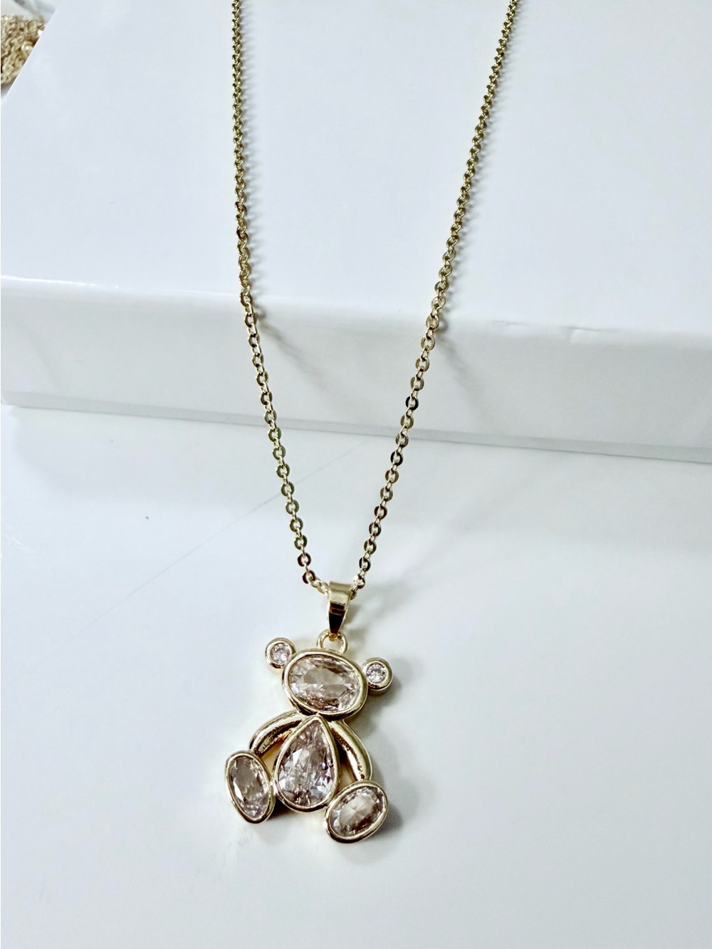 NEW-14k Gold Plated Teddy Pendant Necklace with Clear CZs 16”+2” -